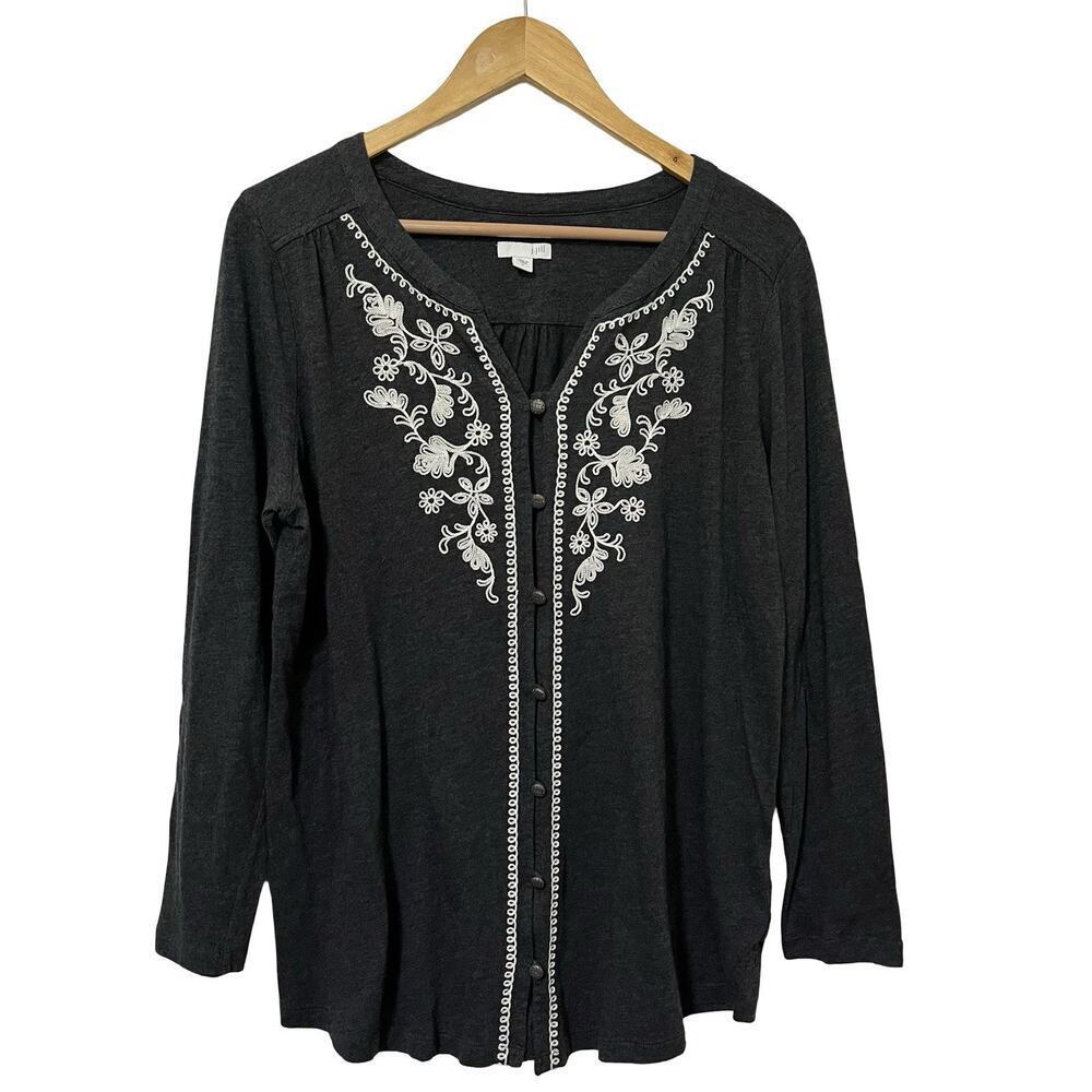 J Jill Gray Floral Embroidered Button Shirt Size L Charcoal Gray Boho Peasant